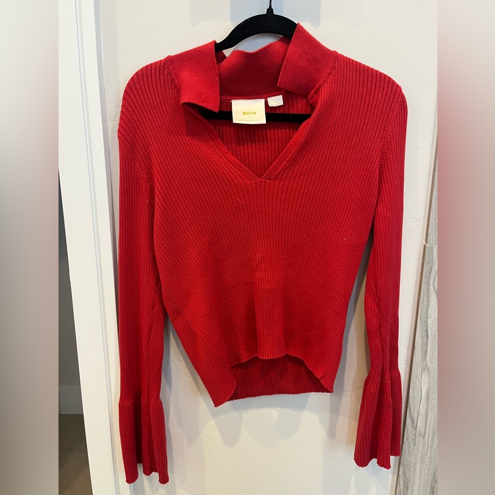 Anthropologie Cropped red blouse with flared sleeves